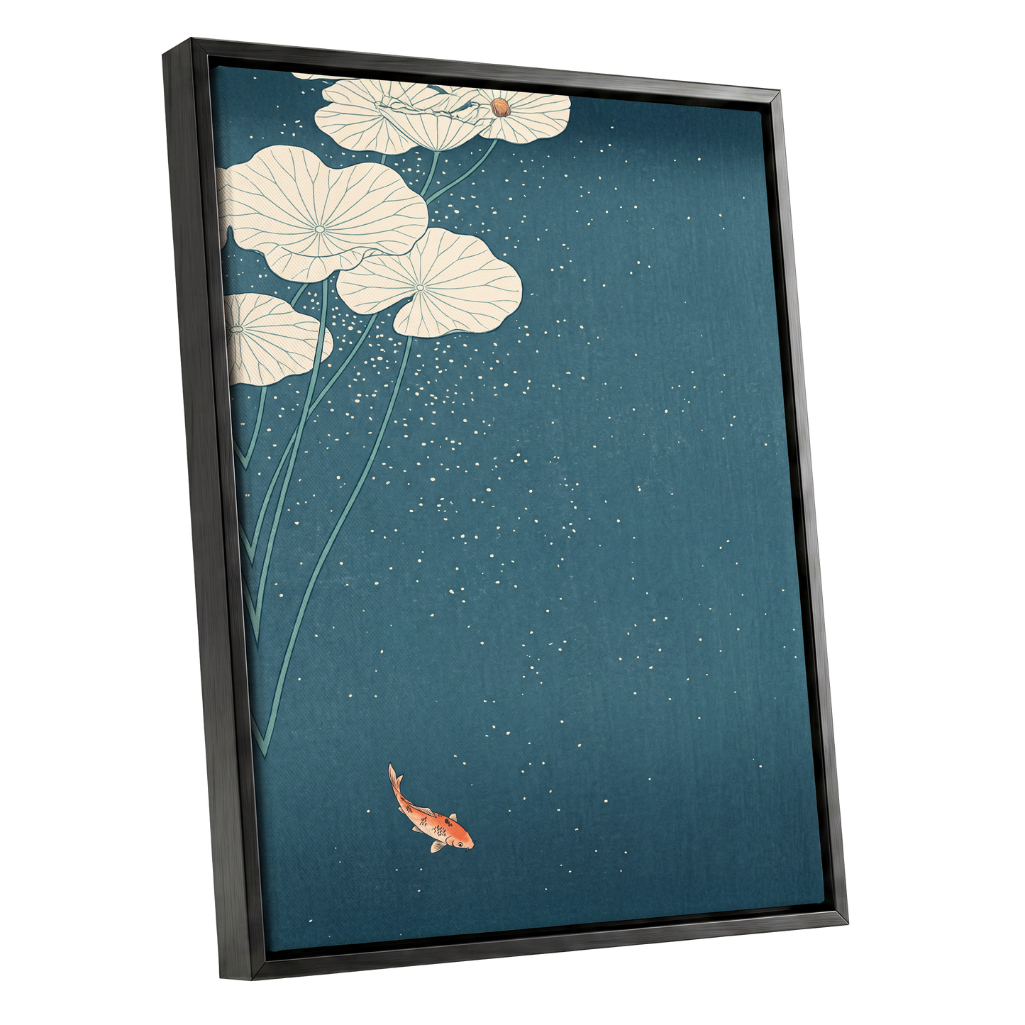 Koi Beneath Lotus Light, blue, beige, green nature wall art shown as a black framed canvas wall art
