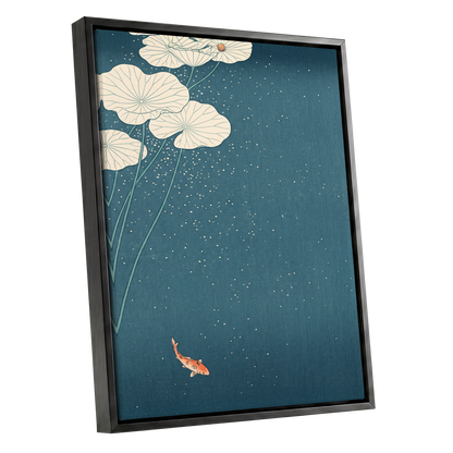 Koi Beneath Lotus Light, blue, beige, green nature wall art shown as a black framed canvas wall art