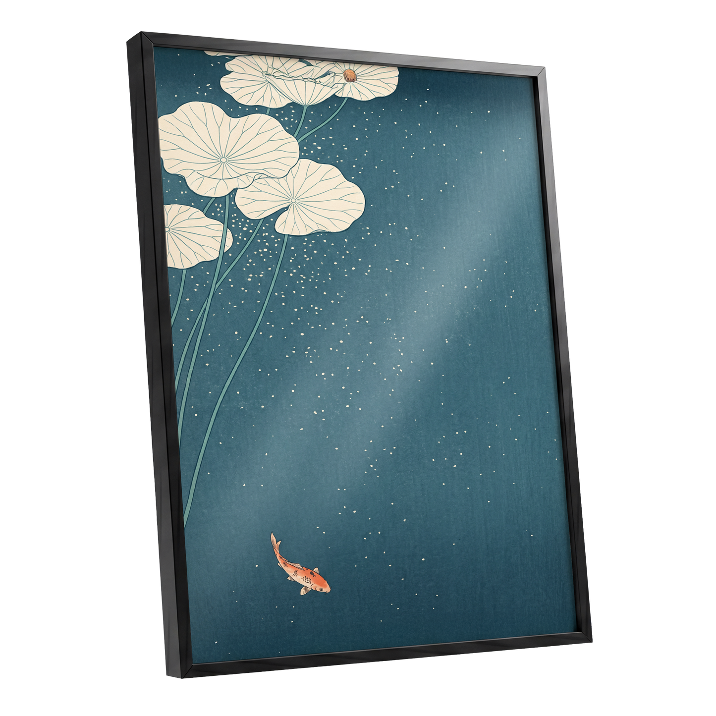 Koi Beneath Lotus Light, blue, beige, green nature wall art shown as a black framed poster wall art print