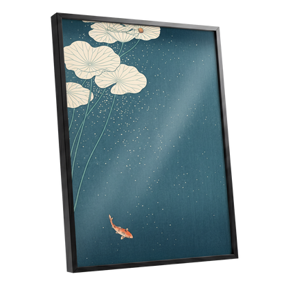 Koi Beneath Lotus Light, blue, beige, green nature wall art shown as a black framed poster wall art print