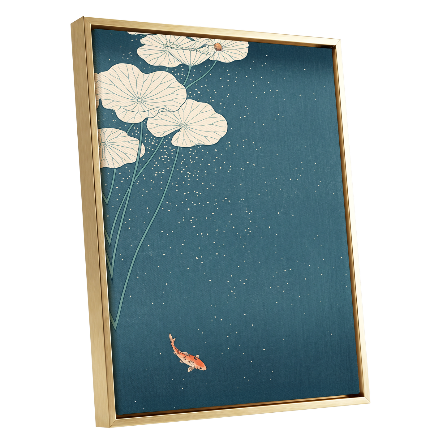 Koi Beneath Lotus Light, blue, beige, green nature wall art shown as a gold framed canvas wall art