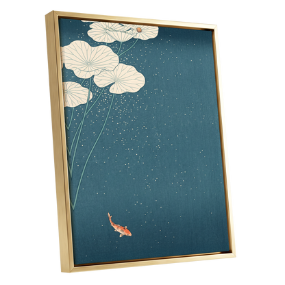 Koi Beneath Lotus Light, blue, beige, green nature wall art shown as a gold framed canvas wall art