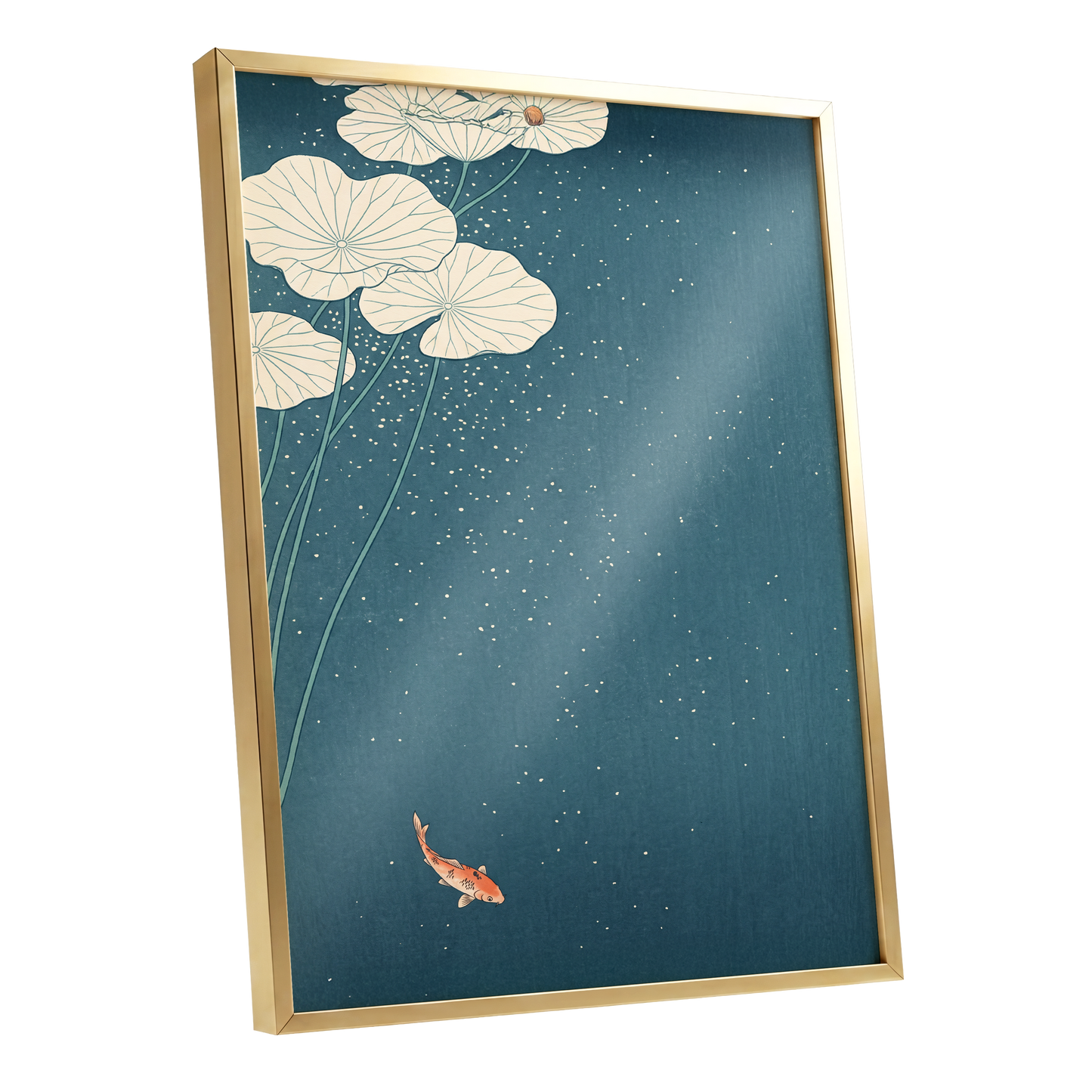 Koi Beneath Lotus Light, blue, beige, green nature wall art shown as a gold framed poster wall art print