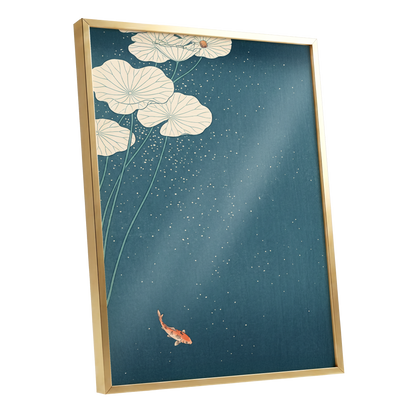 Koi Beneath Lotus Light, blue, beige, green nature wall art shown as a gold framed poster wall art print