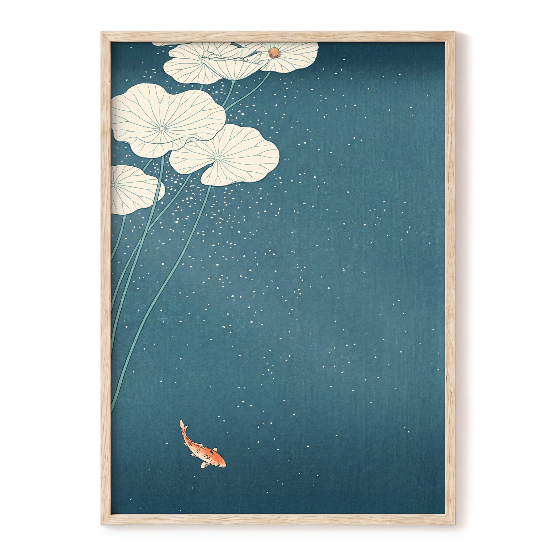 Koi Beneath Lotus Light, blue, beige, green nature wall art, front artwork view
