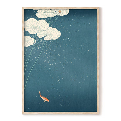Koi Beneath Lotus Light, blue, beige, green nature wall art, front artwork view