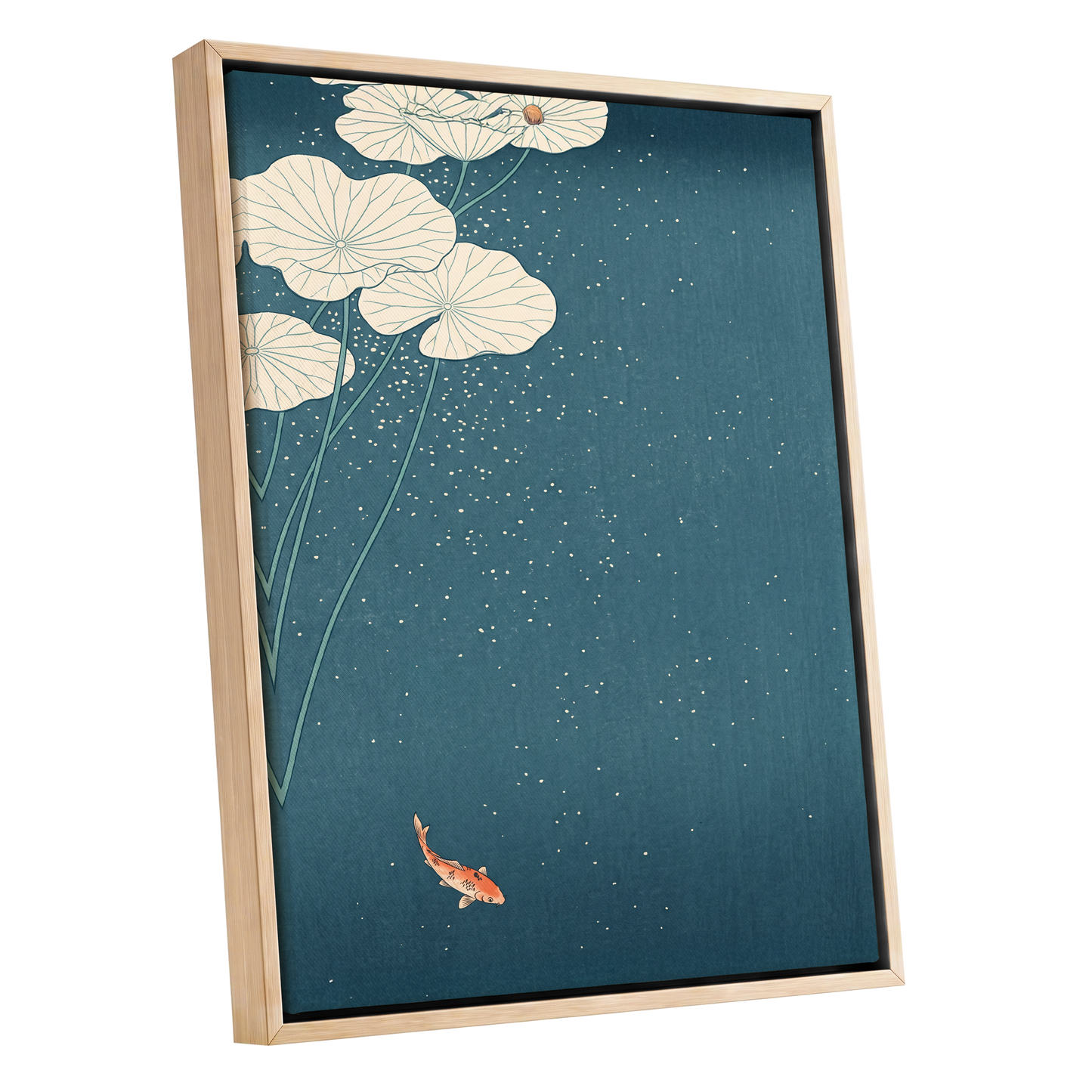 Koi Beneath Lotus Light, blue, beige, green nature wall art shown as a oak framed canvas wall art