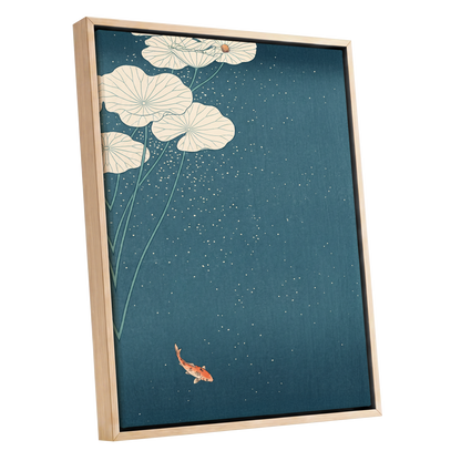 Koi Beneath Lotus Light, blue, beige, green nature wall art shown as a oak framed canvas wall art