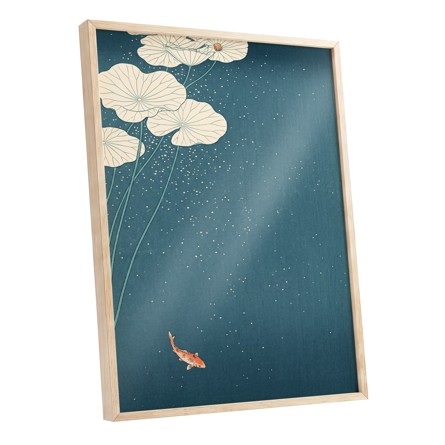 Koi Beneath Lotus Light, blue, beige, green nature wall art shown as a oak framed poster wall art print