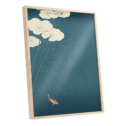 Koi Beneath Lotus Light, blue, beige, green nature wall art shown as a oak framed poster wall art print