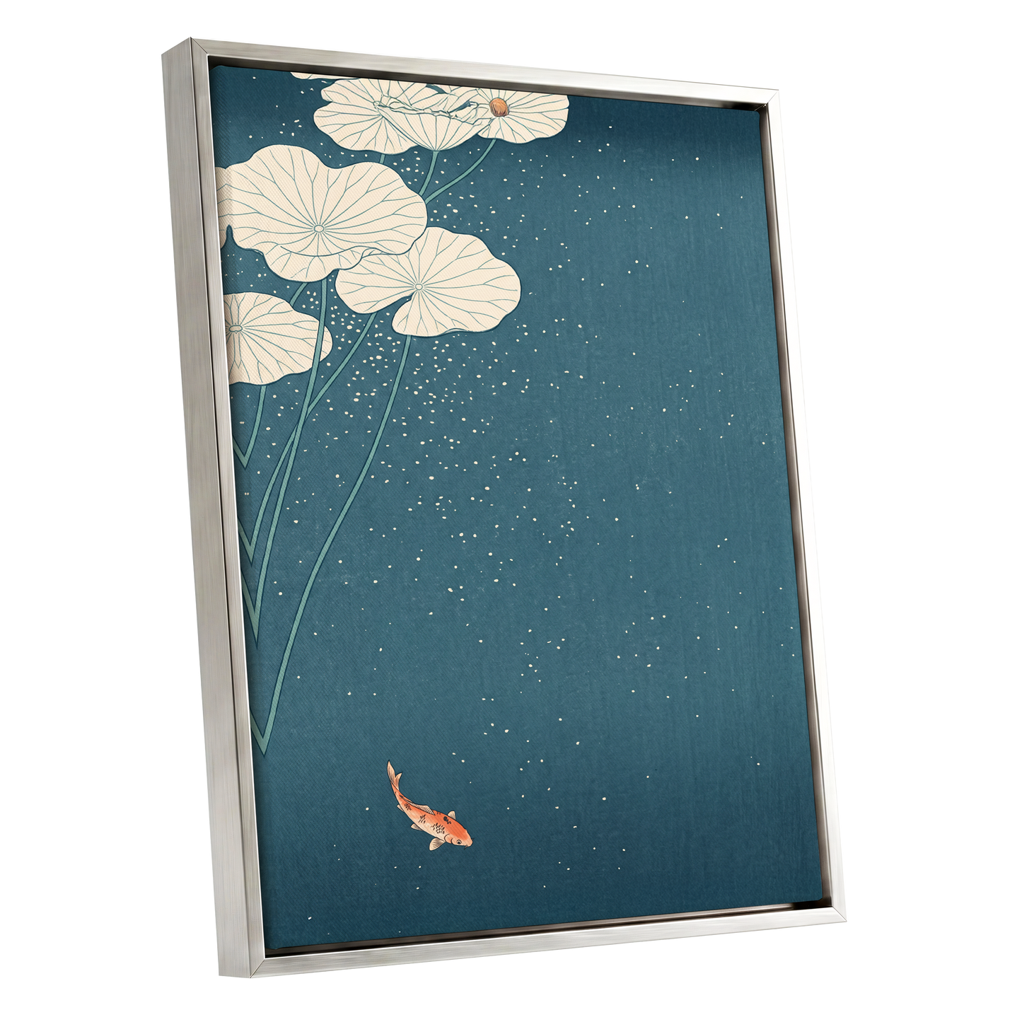 Koi Beneath Lotus Light, blue, beige, green nature wall art shown as a silver framed canvas wall art