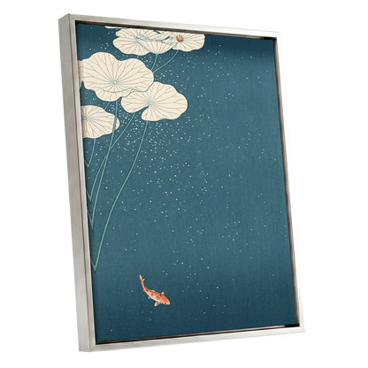 Koi Beneath Lotus Light, blue, beige, green nature wall art shown as a silver framed canvas wall art