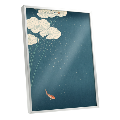 Koi Beneath Lotus Light, blue, beige, green nature wall art shown as a silver framed poster wall art print