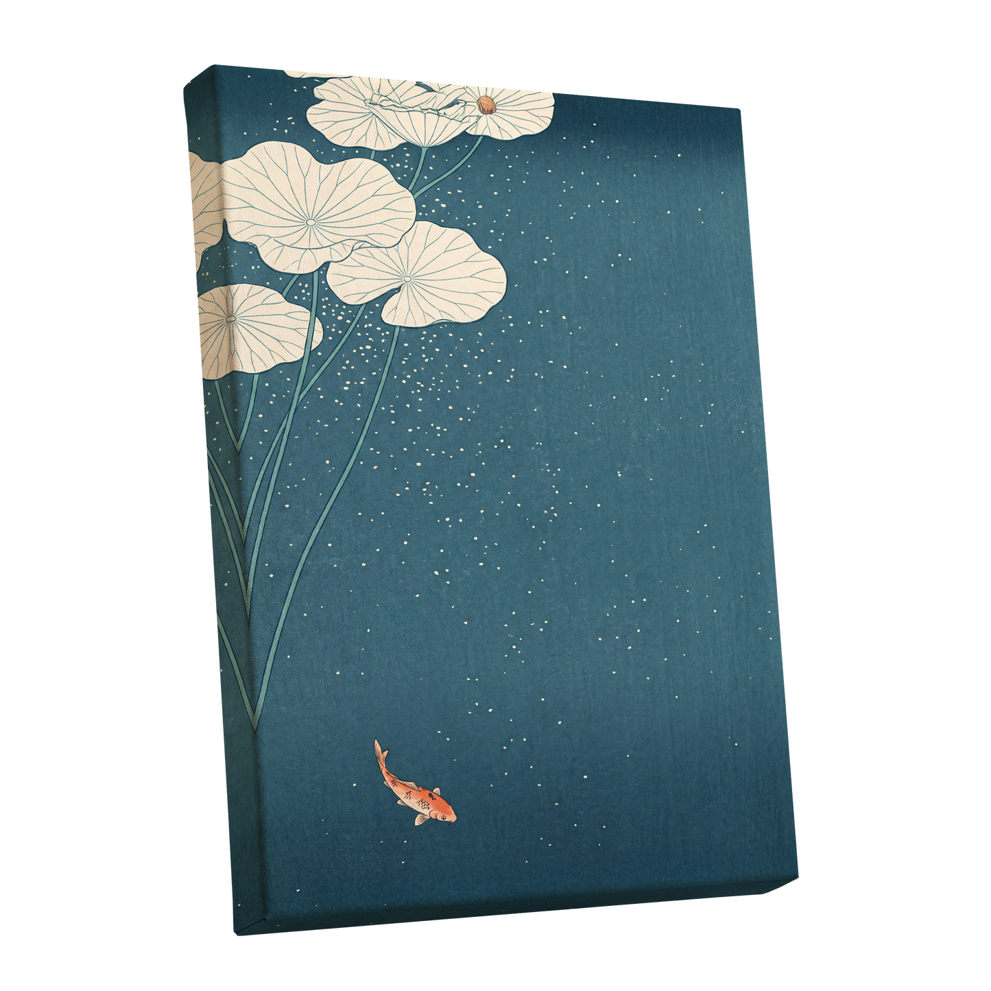 Koi Beneath Lotus Light, blue, beige, green nature wall art shown as a stretched canvas wall art