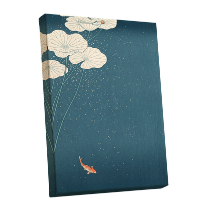 Koi Beneath Lotus Light, blue, beige, green nature wall art shown as a stretched canvas wall art