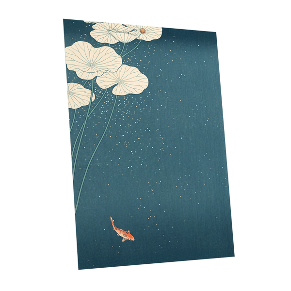Koi Beneath Lotus Light, blue, beige, green nature wall art shown as a unframed poster wall art print