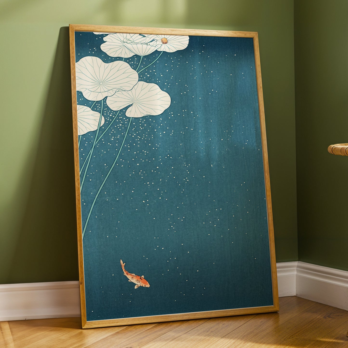 Koi Beneath Lotus Light, blue, beige, green nature wall art displayed in a styled interior, gallery view 2