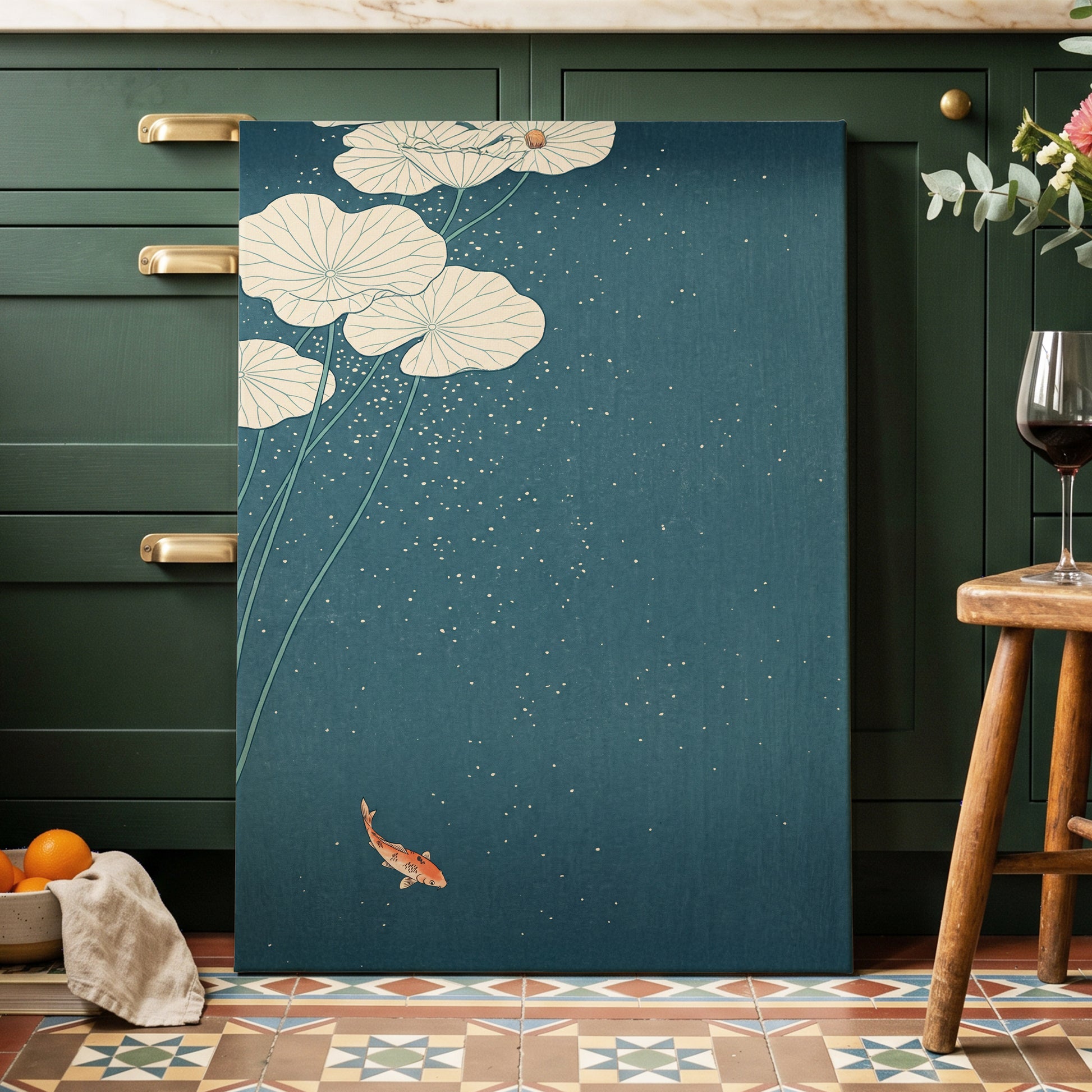 Koi Beneath Lotus Light, blue, beige, green nature wall art displayed in a styled interior, gallery view 3