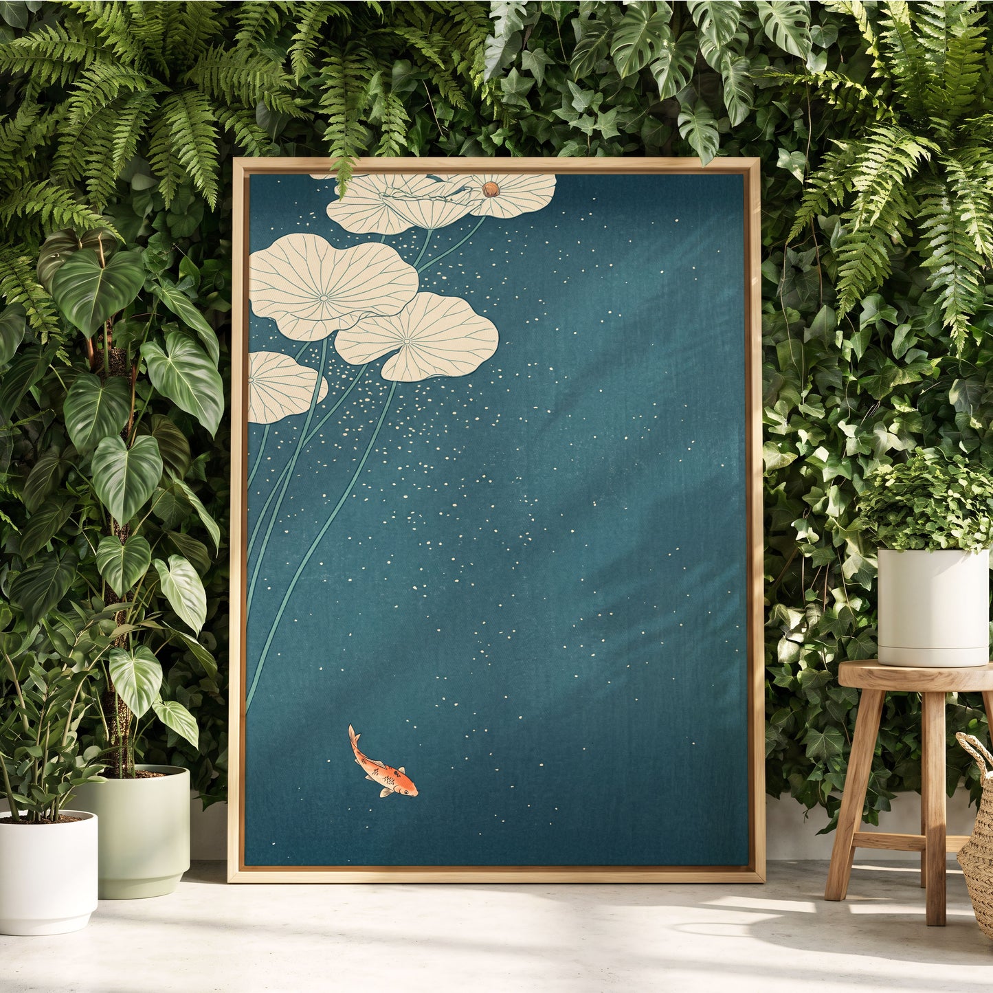 Koi Beneath Lotus Light, blue, beige, green nature wall art displayed in a styled interior, gallery view 4