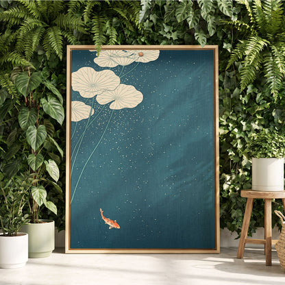 Koi Beneath Lotus Light, blue, beige, green nature wall art displayed in a styled interior, gallery view 4