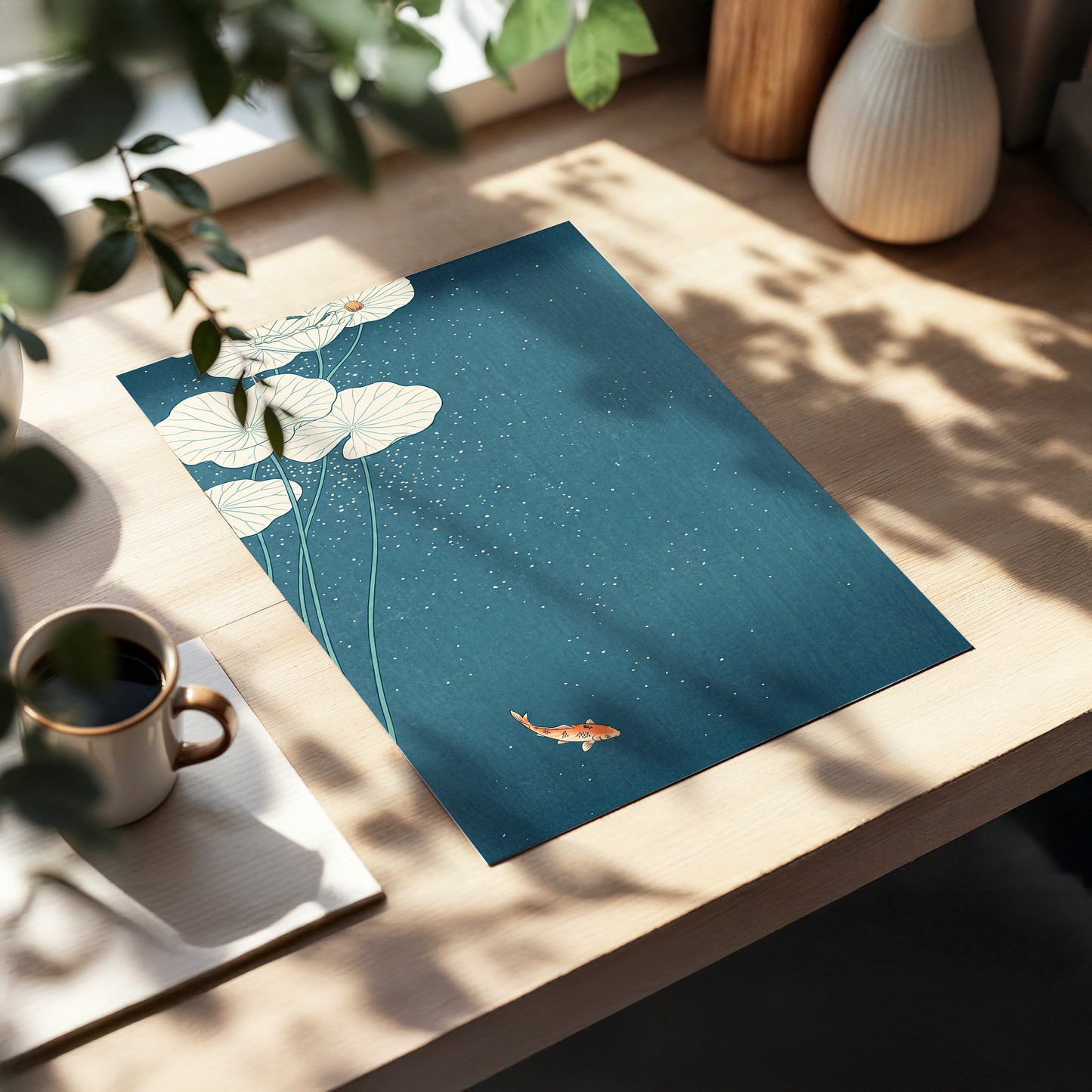Koi Beneath Lotus Light, blue, beige, green nature wall art displayed in a styled interior, gallery view 5