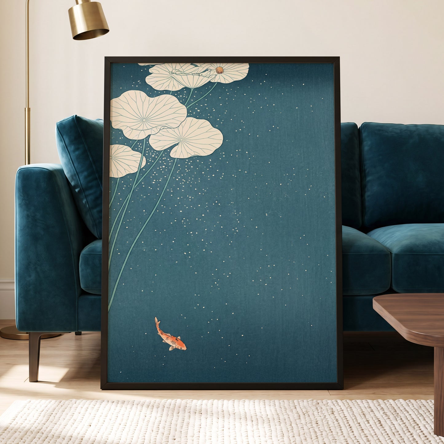 Koi Beneath Lotus Light, blue, beige, green nature wall art displayed in a styled interior, gallery view 6