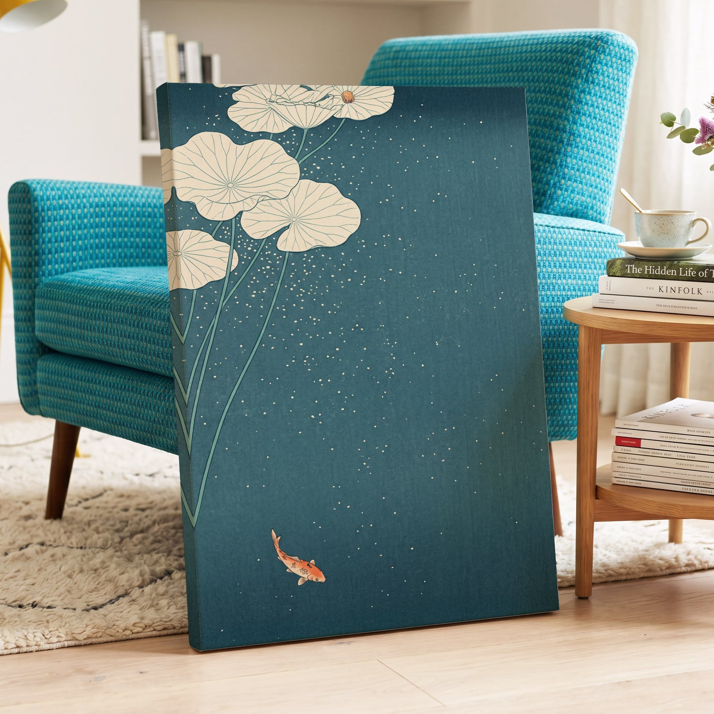 Koi Beneath Lotus Light, blue, beige, green nature wall art displayed in a styled interior, gallery view 7