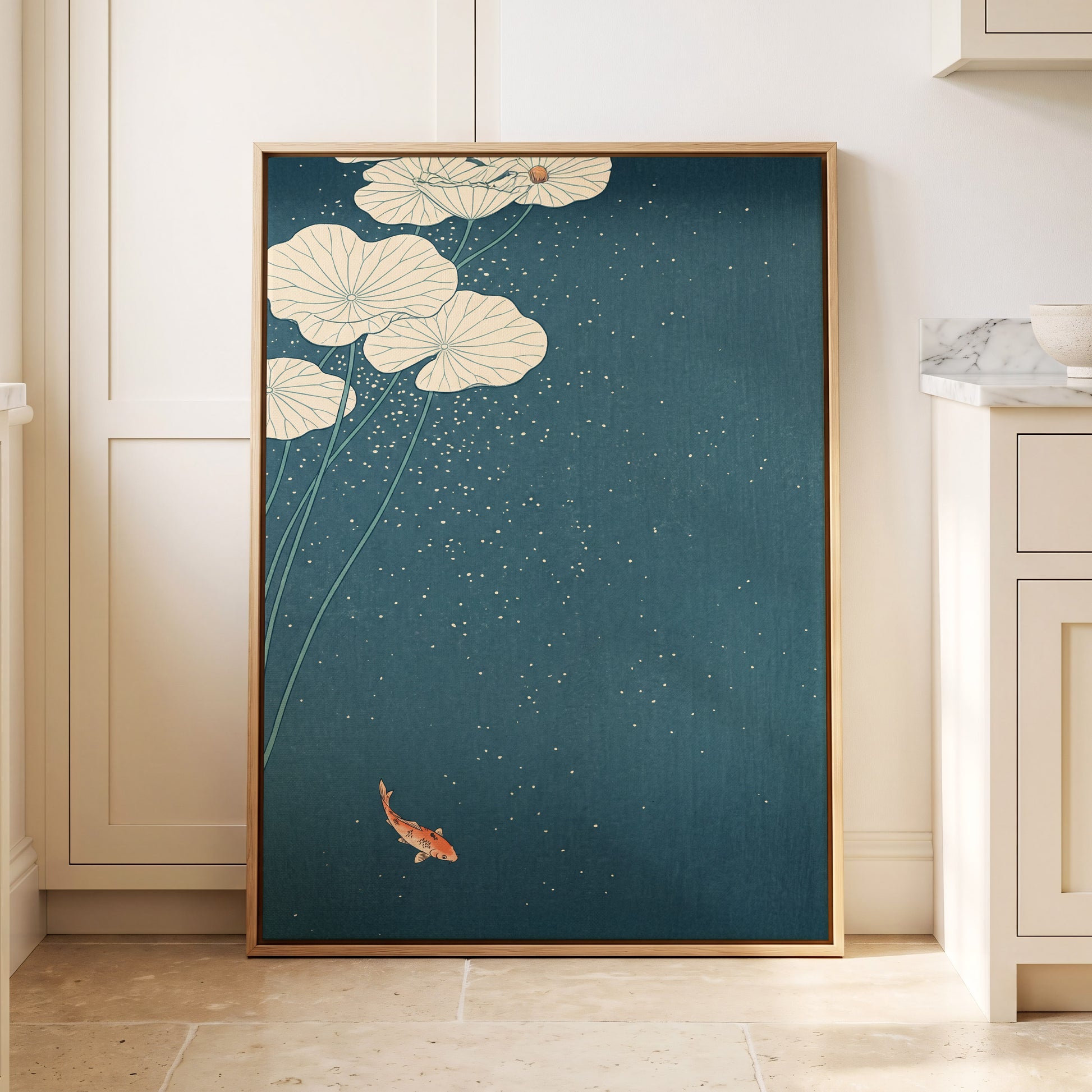Koi Beneath Lotus Light, blue, beige, green nature wall art displayed in a styled interior, gallery view 8