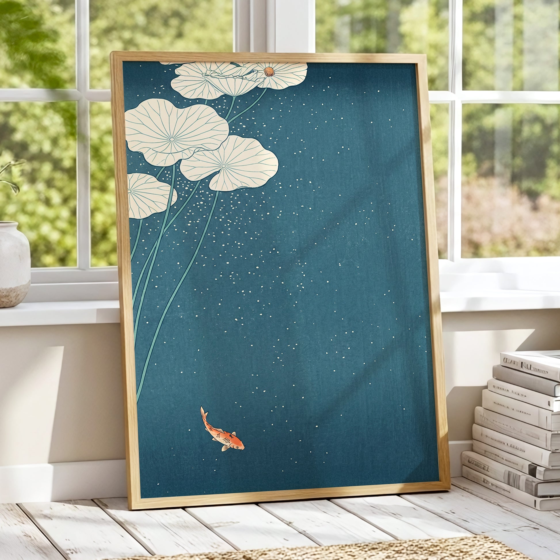 Koi Beneath Lotus Light, blue, beige, green nature wall art displayed in a styled interior, gallery view 9