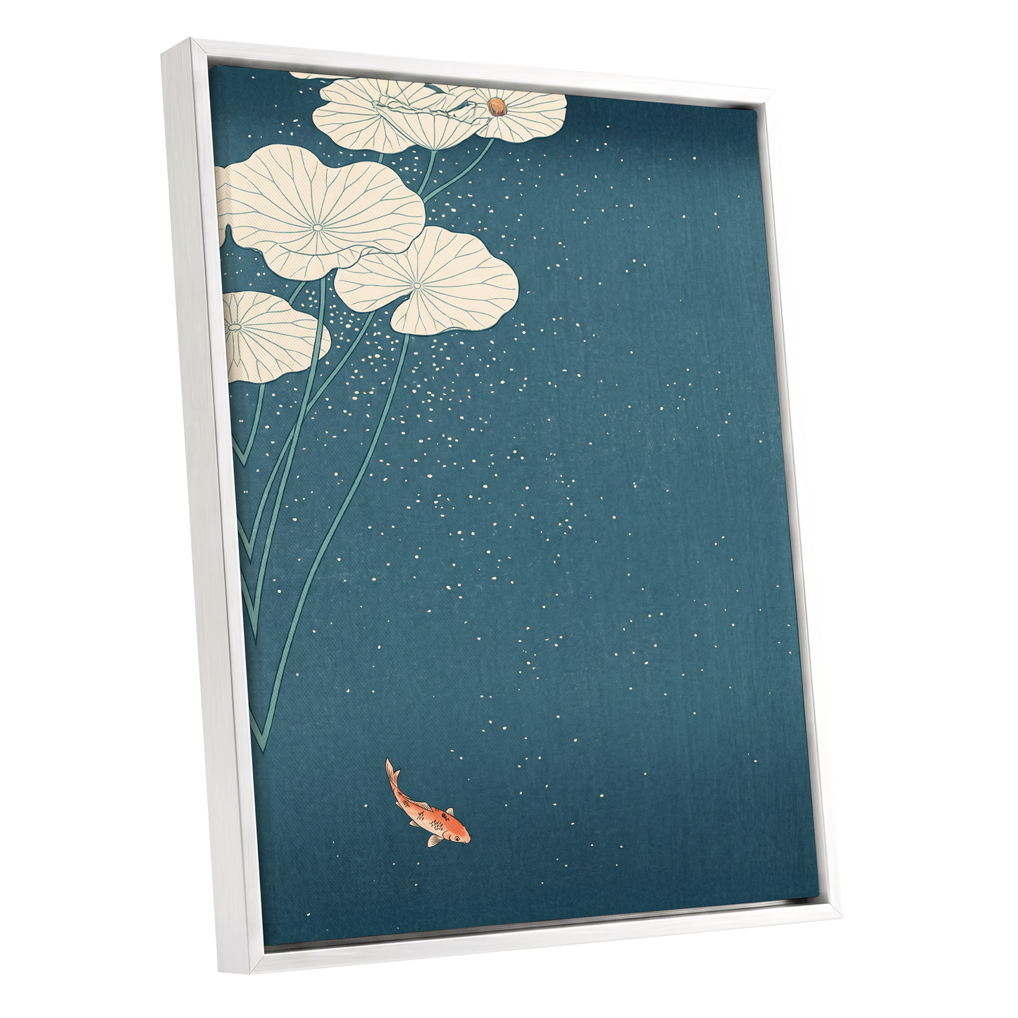 Koi Beneath Lotus Light, blue, beige, green nature wall art shown as a white framed canvas wall art