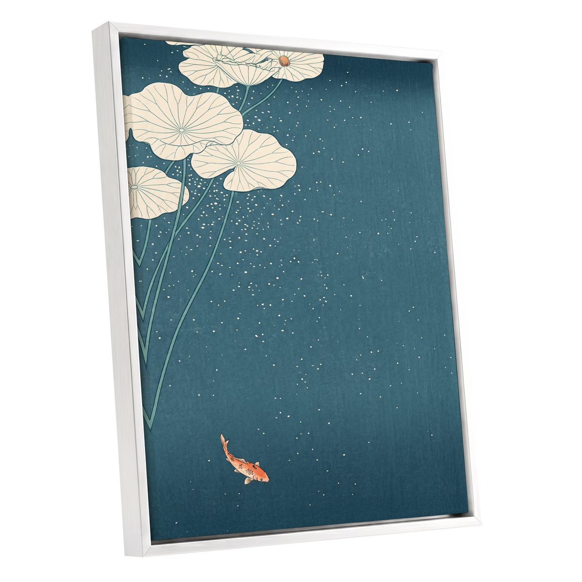 Koi Beneath Lotus Light, blue, beige, green nature wall art shown as a white framed canvas wall art