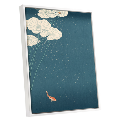 Koi Beneath Lotus Light, blue, beige, green nature wall art shown as a white framed canvas wall art