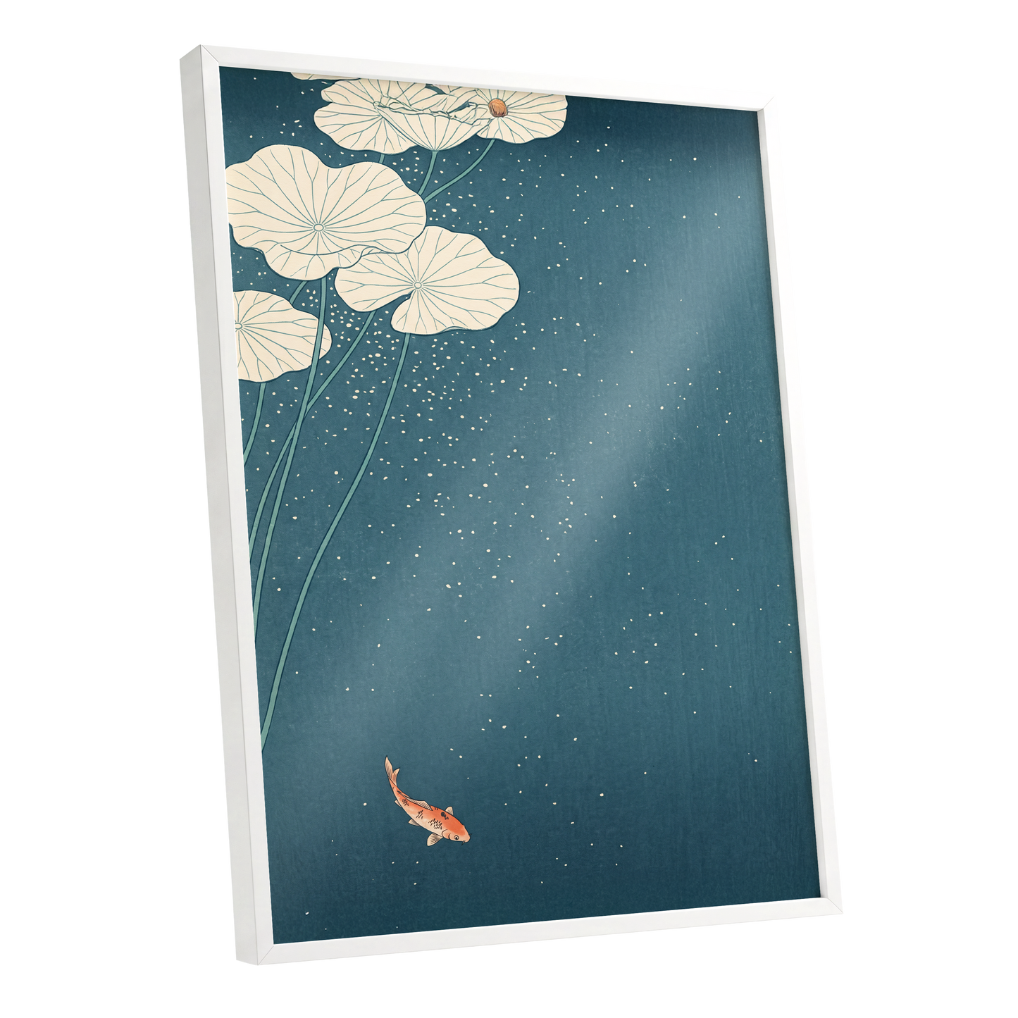 Koi Beneath Lotus Light, blue, beige, green nature wall art shown as a white framed poster wall art print