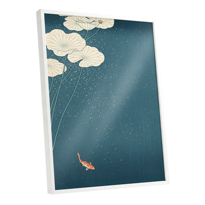 Koi Beneath Lotus Light, blue, beige, green nature wall art shown as a white framed poster wall art print