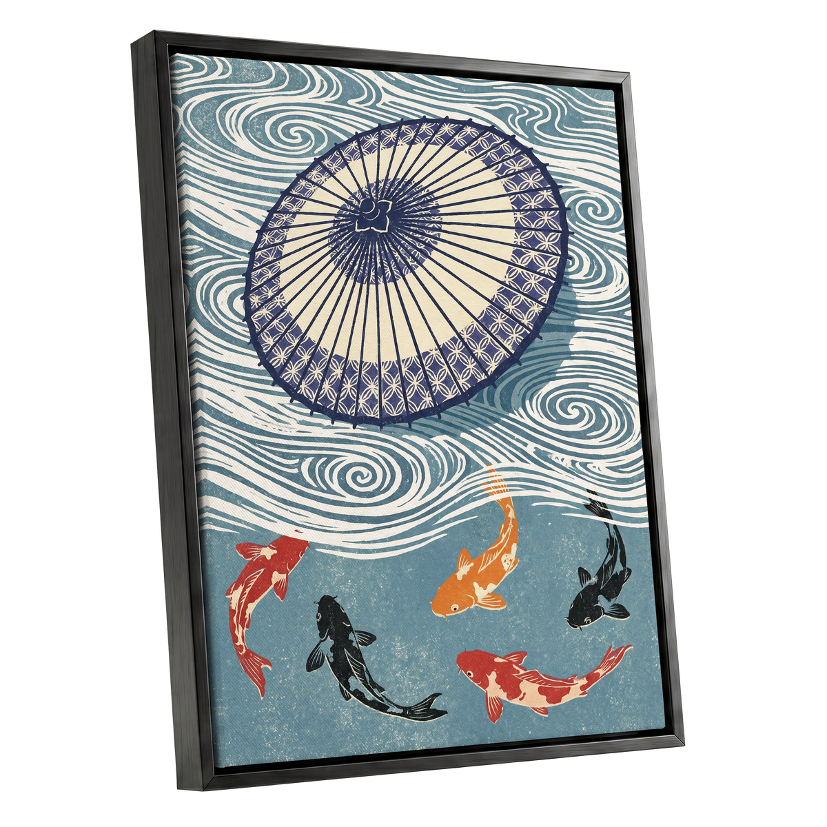 Koi Beneath the Parasol, blue, beige, black nature wall art shown as a black framed canvas wall art