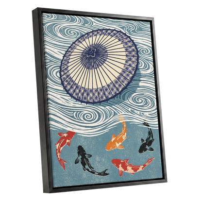 Koi Beneath the Parasol, blue, beige, black nature wall art shown as a black framed canvas wall art