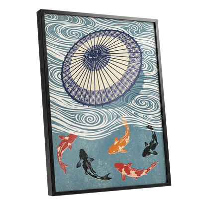 Koi Beneath the Parasol, blue, beige, black nature wall art shown as a black framed poster wall art print
