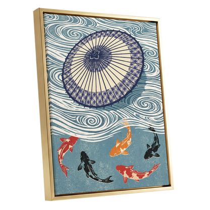 Koi Beneath the Parasol, blue, beige, black nature wall art shown as a gold framed canvas wall art
