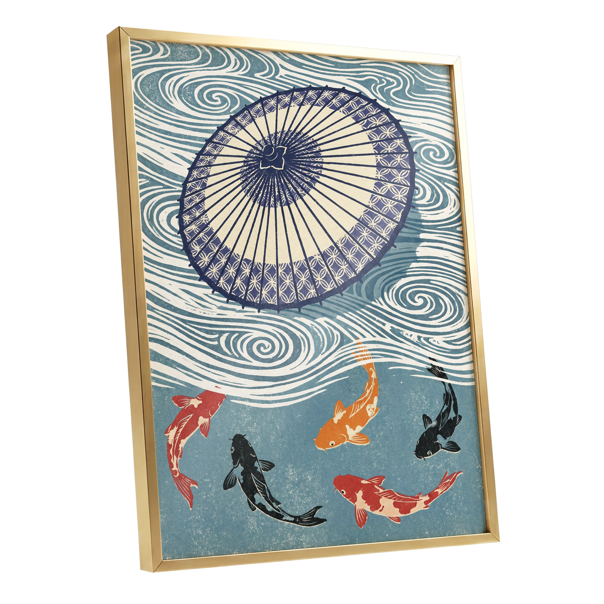 Koi Beneath the Parasol, blue, beige, black nature wall art shown as a gold framed poster wall art print
