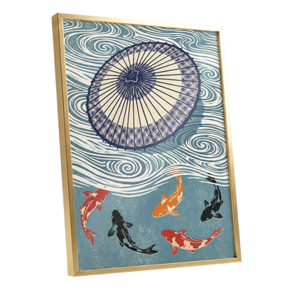 Koi Beneath the Parasol, blue, beige, black nature wall art shown as a gold framed poster wall art print