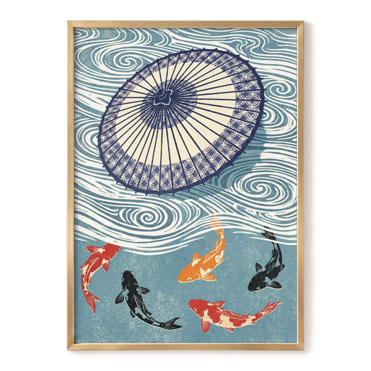 Koi Beneath the Parasol, blue, beige, black nature wall art, front artwork view