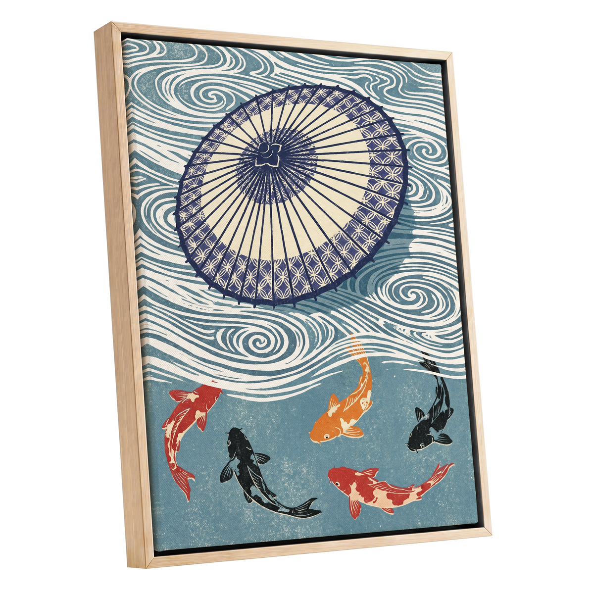 Koi Beneath the Parasol, blue, beige, black nature wall art shown as a oak framed canvas wall art
