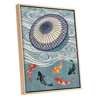 Koi Beneath the Parasol, blue, beige, black nature wall art shown as a oak framed canvas wall art