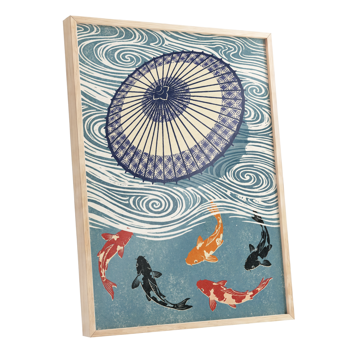 Koi Beneath the Parasol, blue, beige, black nature wall art shown as a oak framed poster wall art print