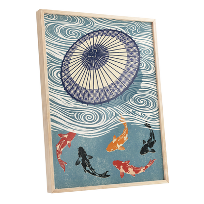Koi Beneath the Parasol, blue, beige, black nature wall art shown as a oak framed poster wall art print