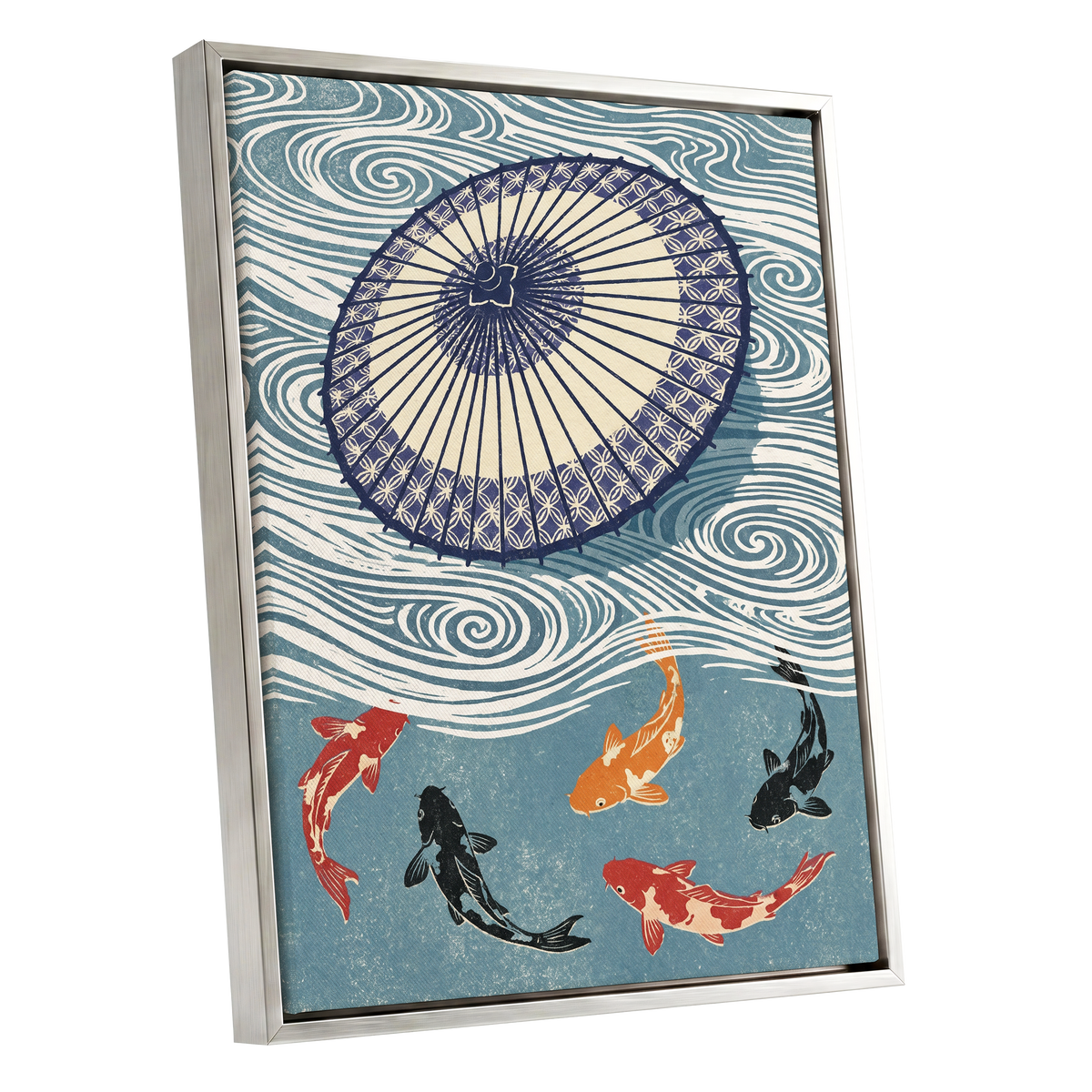 Koi Beneath the Parasol, blue, beige, black nature wall art shown as a silver framed canvas wall art