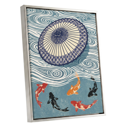 Koi Beneath the Parasol, blue, beige, black nature wall art shown as a silver framed canvas wall art