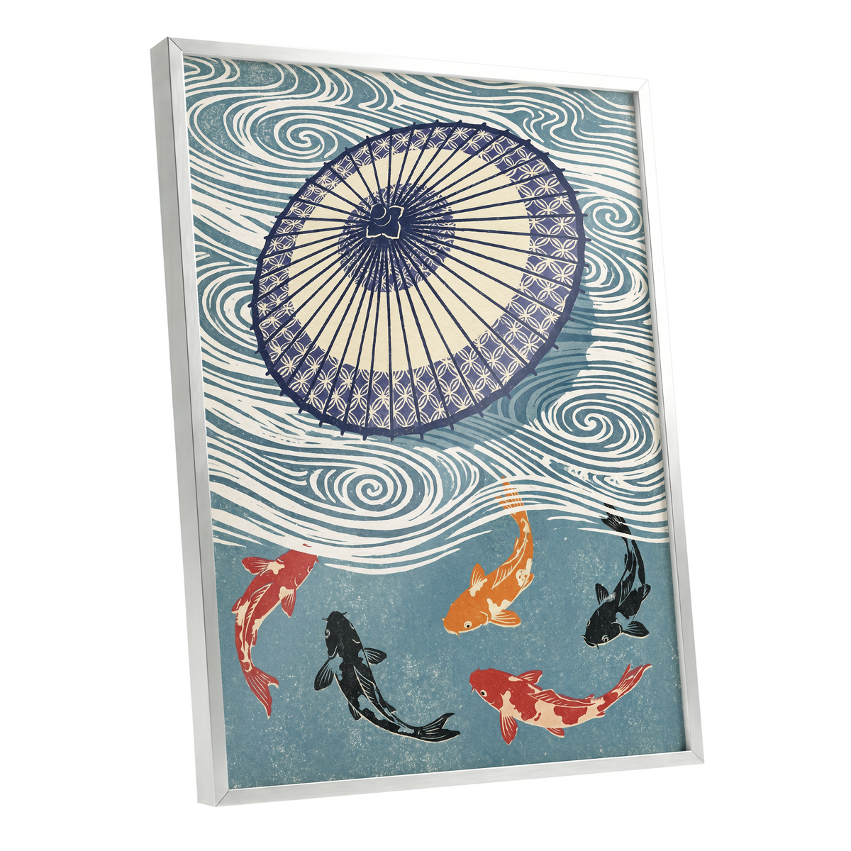 Koi Beneath the Parasol, blue, beige, black nature wall art shown as a silver framed poster wall art print