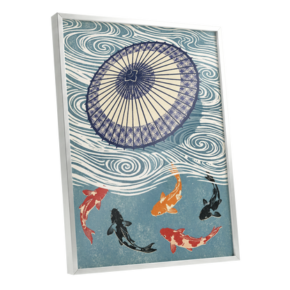 Koi Beneath the Parasol, blue, beige, black nature wall art shown as a silver framed poster wall art print