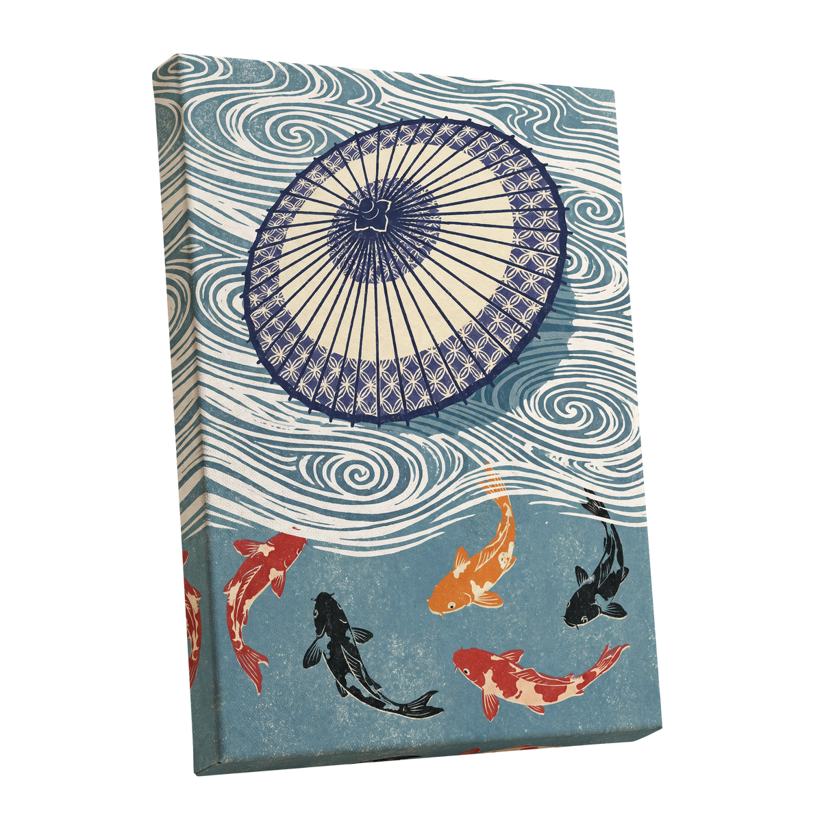 Koi Beneath the Parasol, blue, beige, black nature wall art shown as a stretched canvas wall art